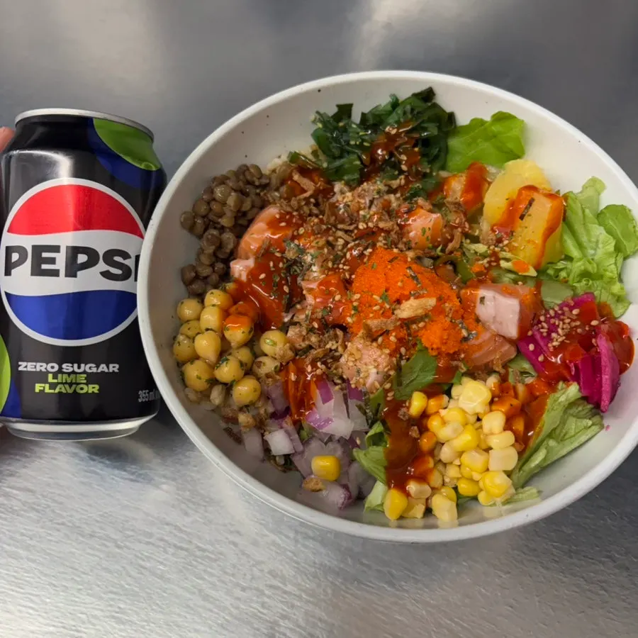 Buldak salmon poke served with a Zero Coke for lunch