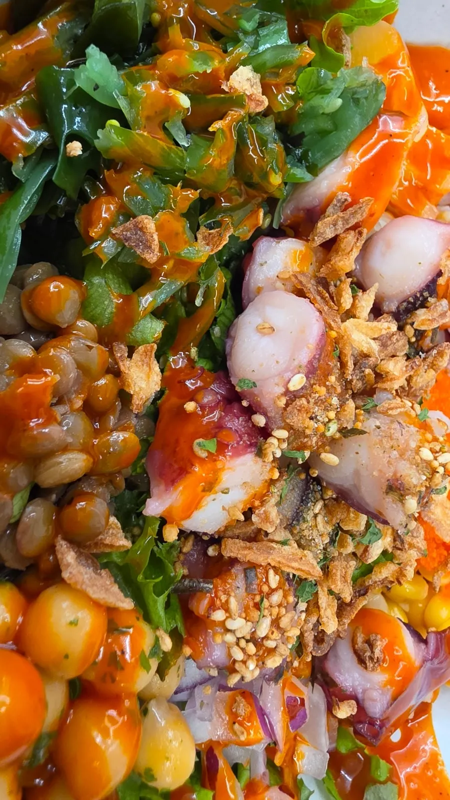 Buldak octopus poke mixed with its sauce