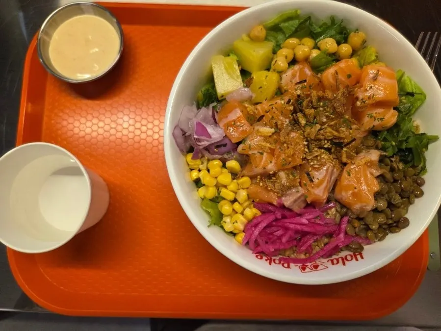 Raw salmon poke topped with thick slices of salmon