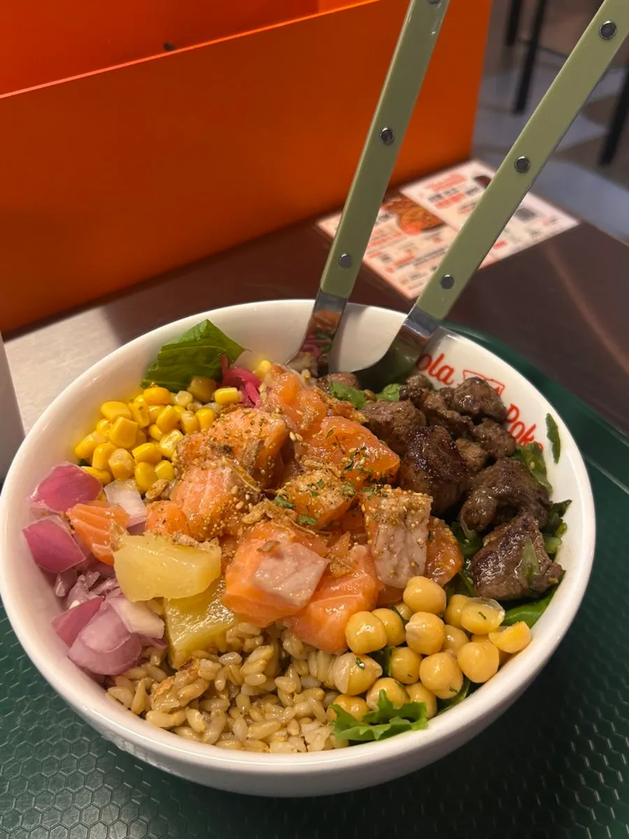 Salmon steak poke with half salad, half brown rice