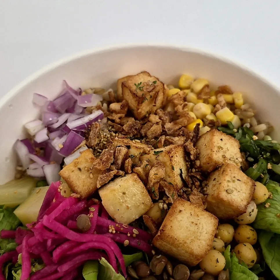 Tofu poke topped with fried soft tofu