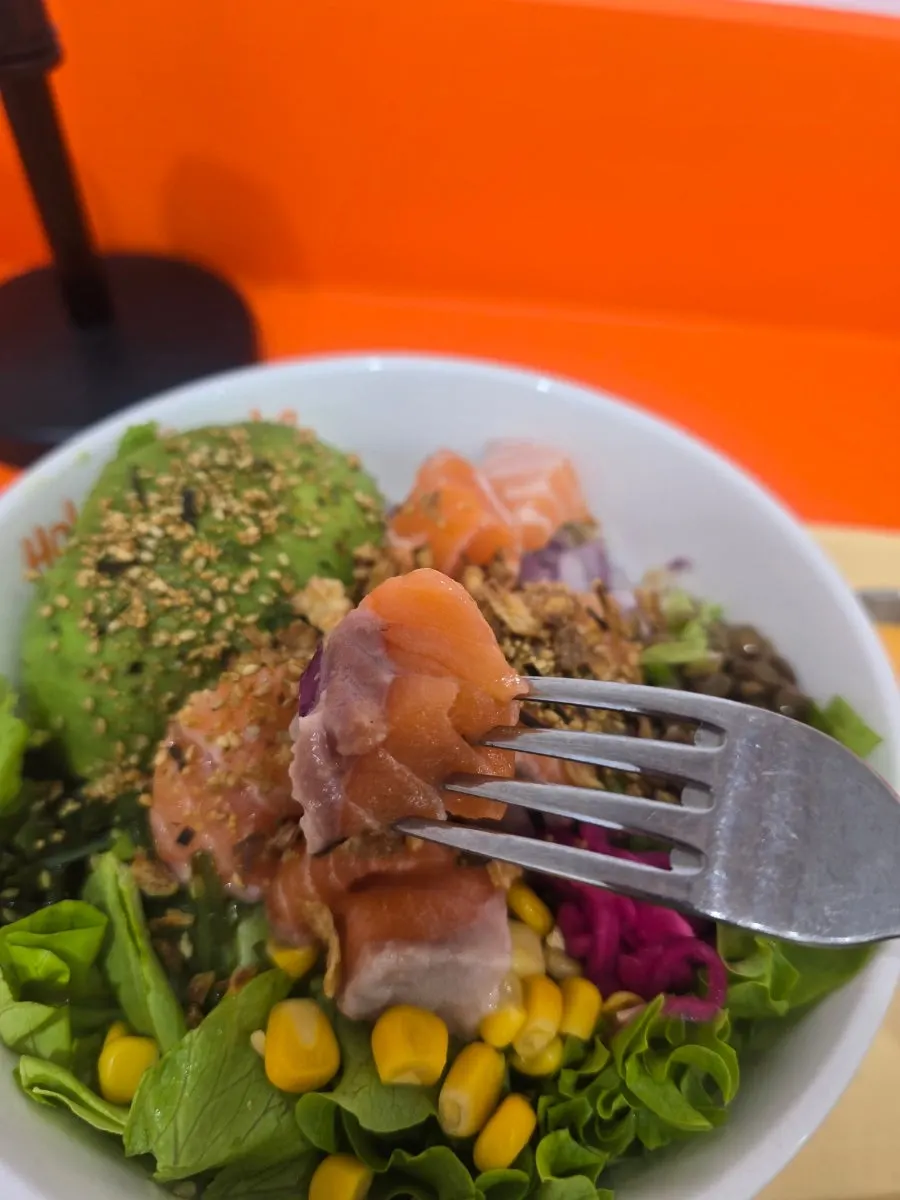 Close-up of pale pink salmon topping