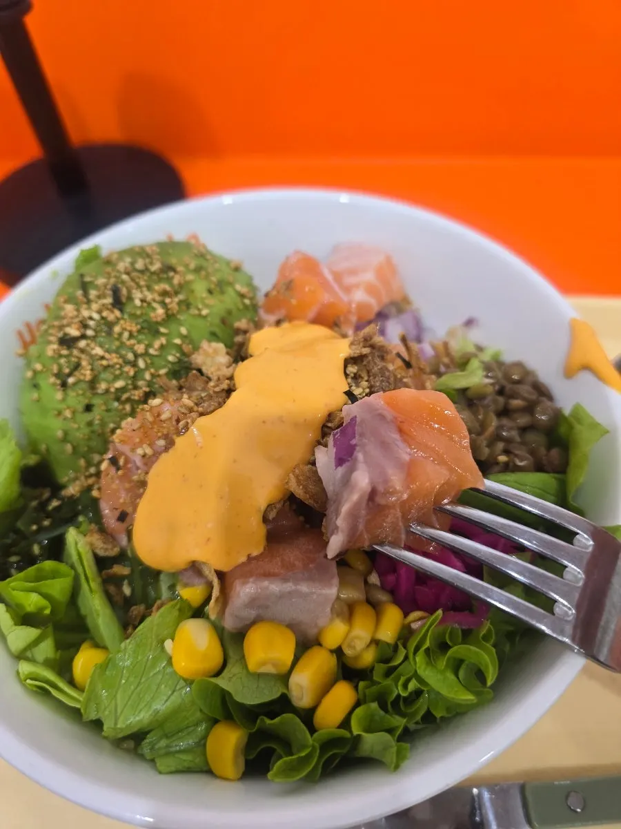 Poke with a half-salad, half-brown-rice base