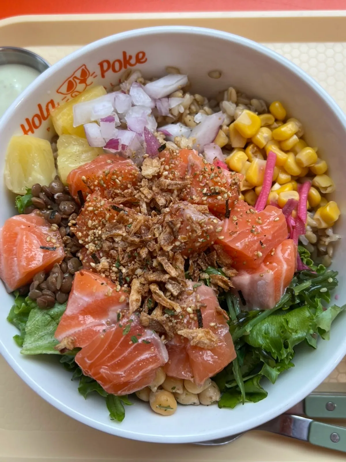 Raw salmon poke topped with thick salmon slices