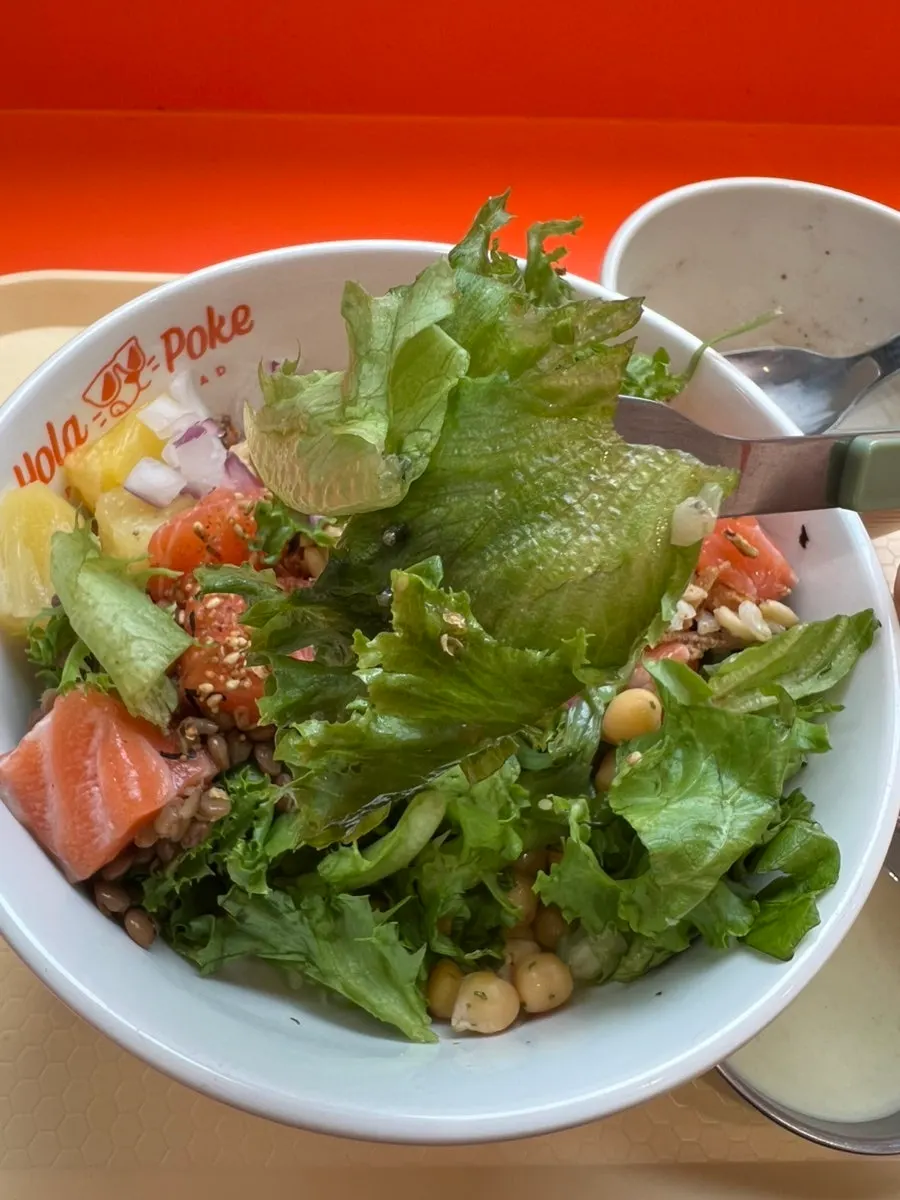 Lunch of raw salmon poke and soup together