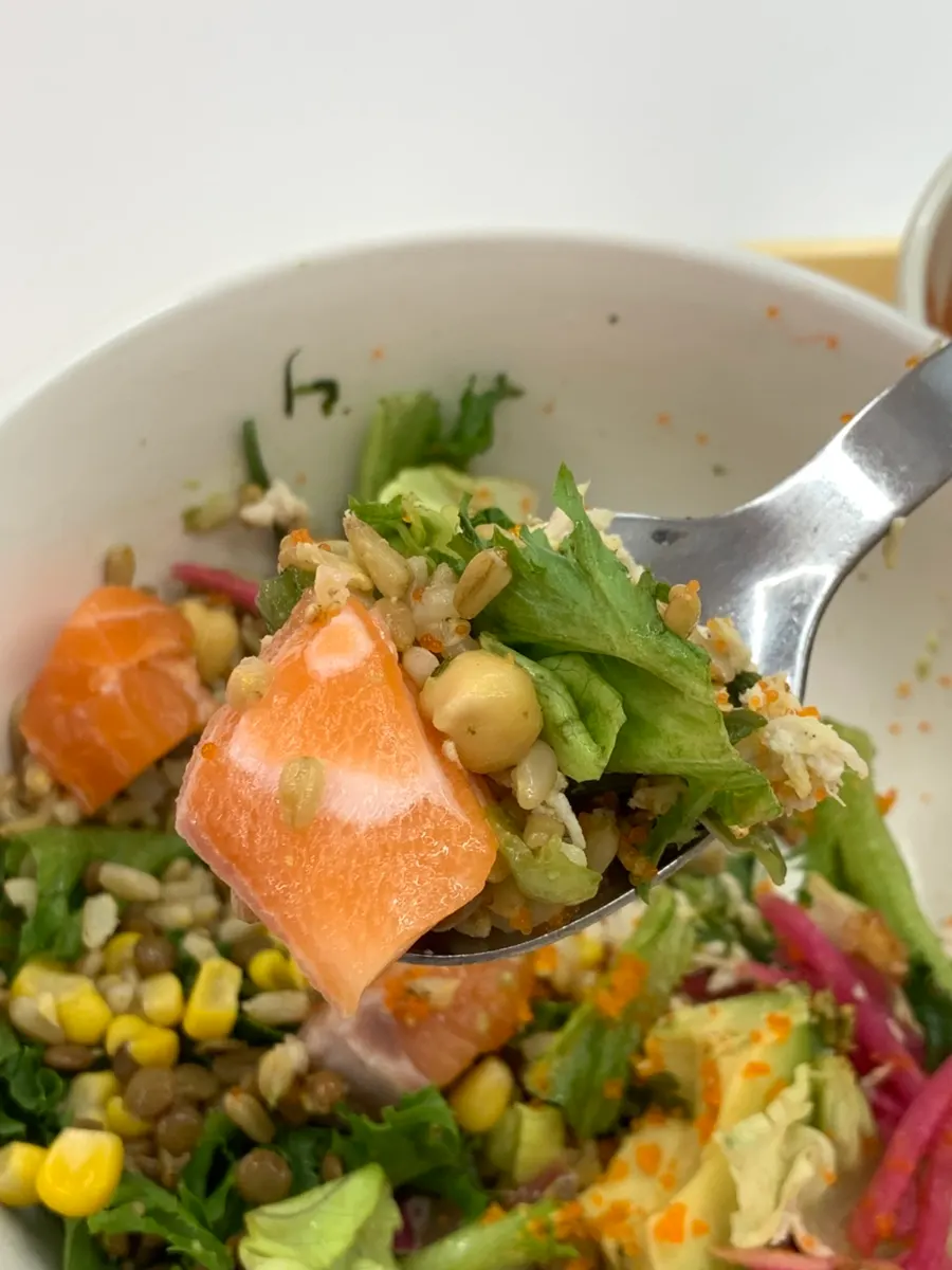 Close-up of poke showing crunchy vegetables