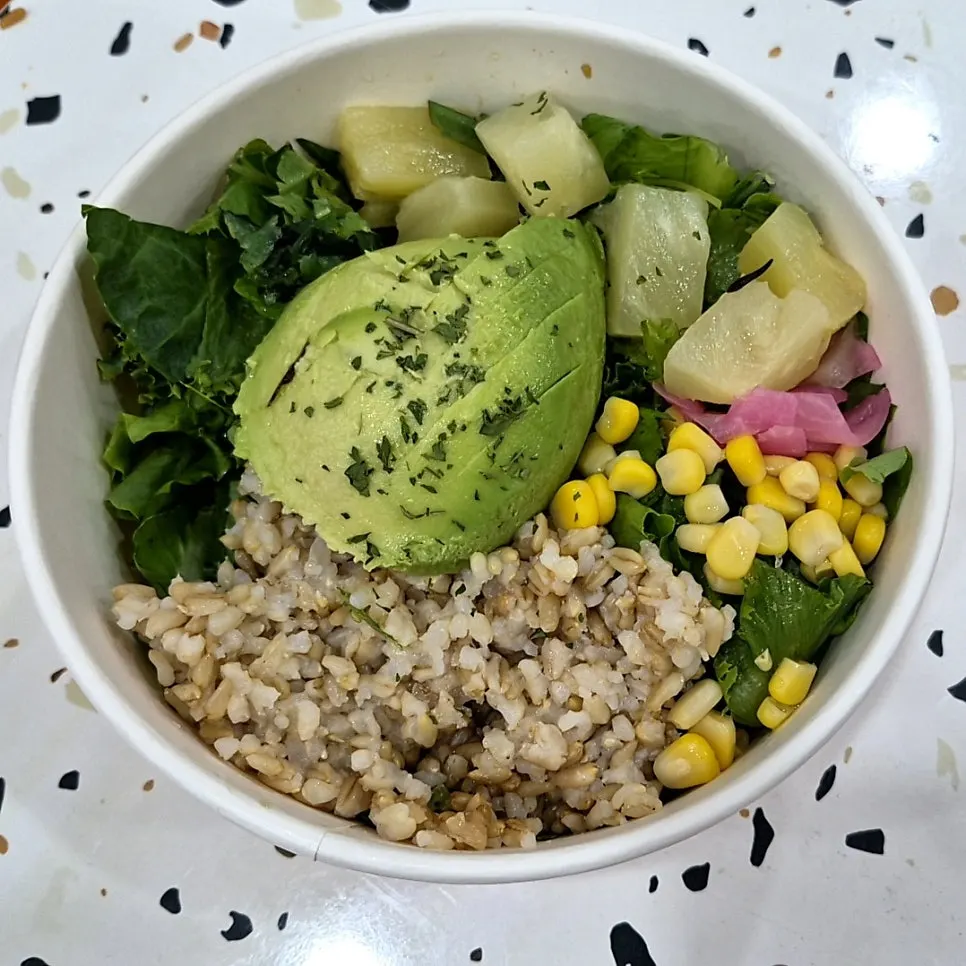 Avocado poke served as 70% salad, 30% rice