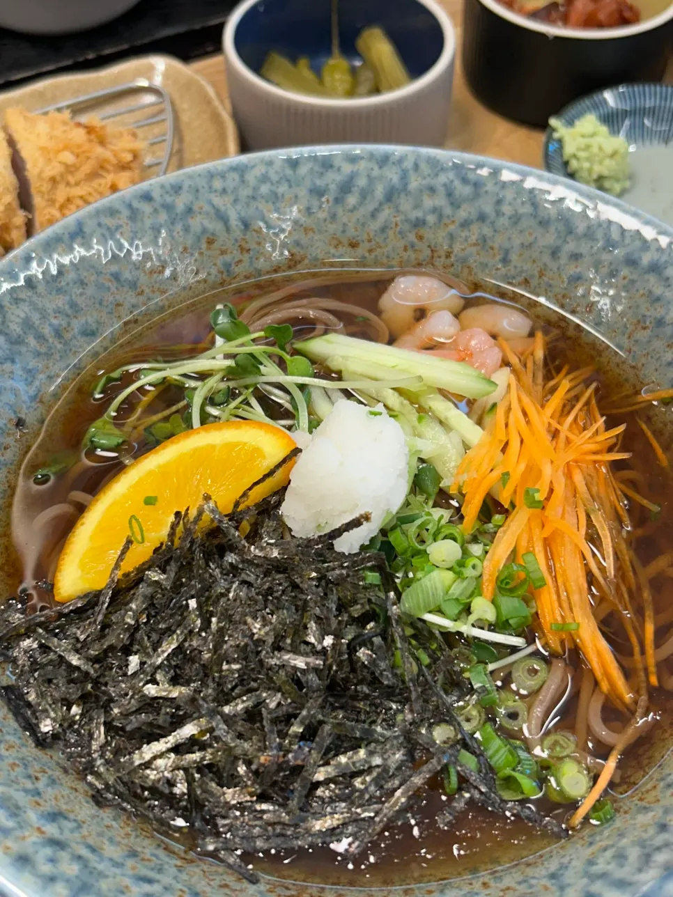 Cold soba in tsuyu broth with floating ice slivers