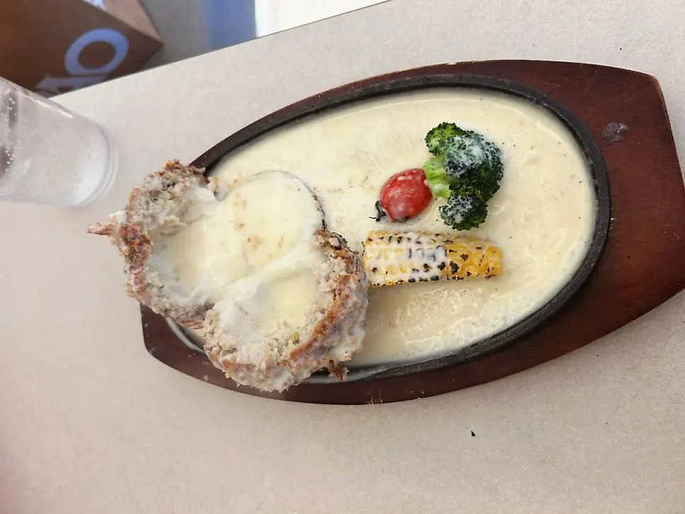 Freshly served sizzling cheese cutlet in full view