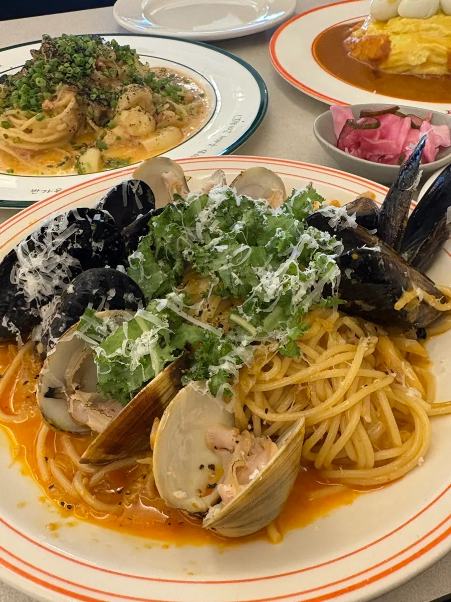Close-up of spicy pasta topped with pollack roe