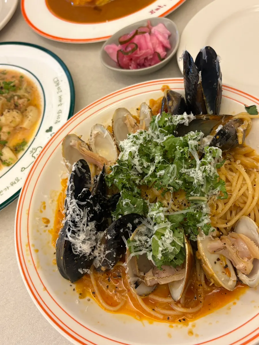 A plate of spicy seafood pasta