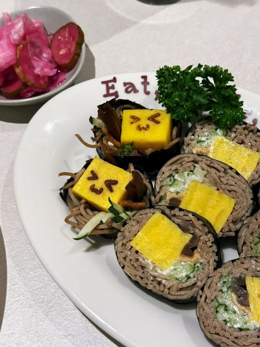 A plate of buckwheat gimbap soba maki