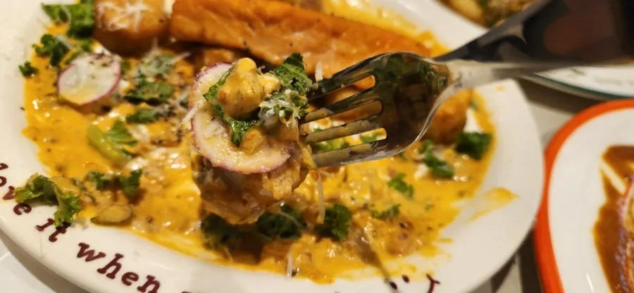 Close-up of the crispy-outside, chewy-inside potato gnocchi
