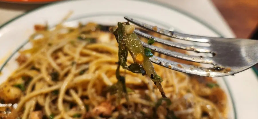 Spicy pollack roe oil pasta loaded with whole garlic cloves