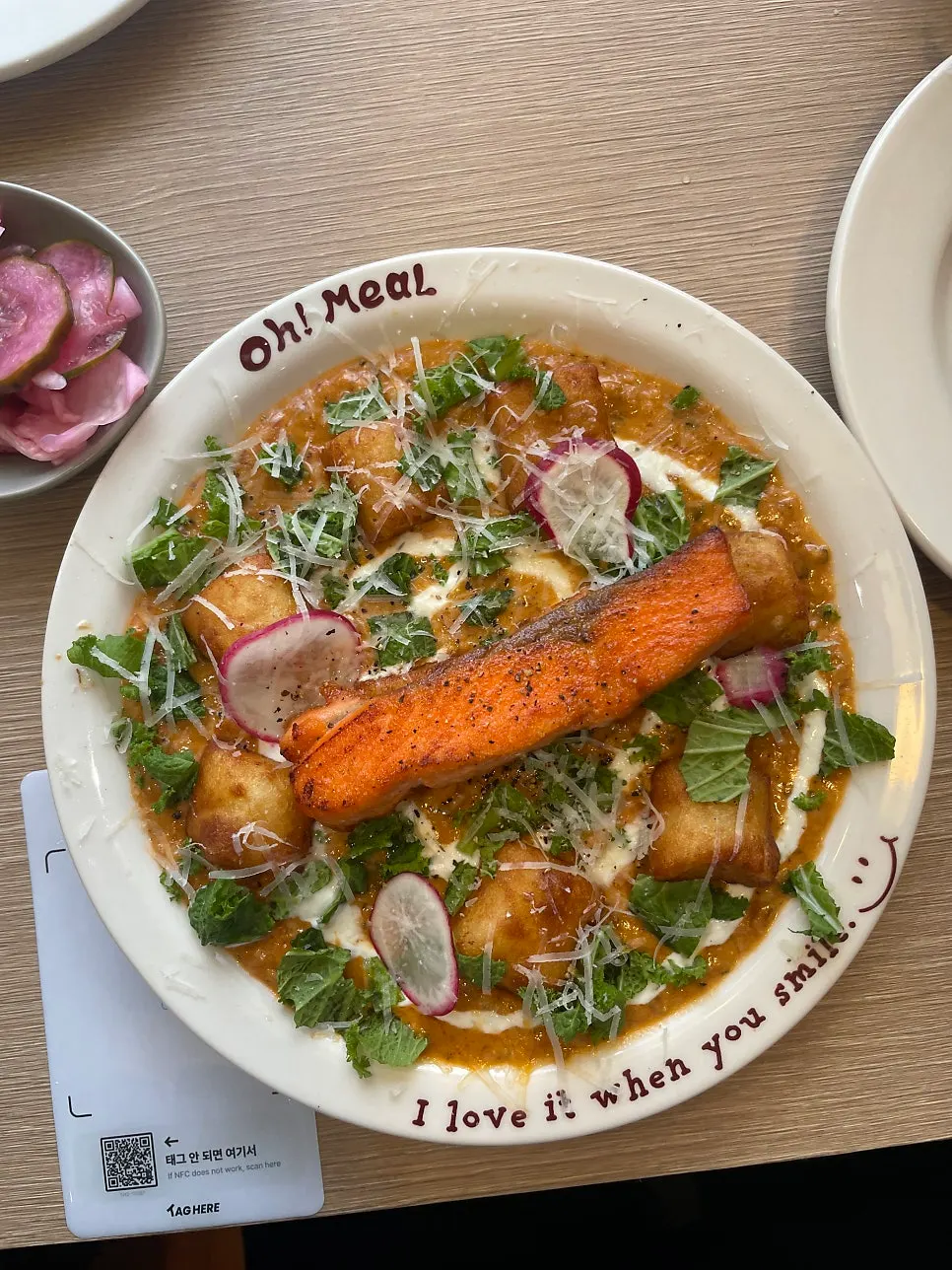 Close-up of the gnocchi served with salmon