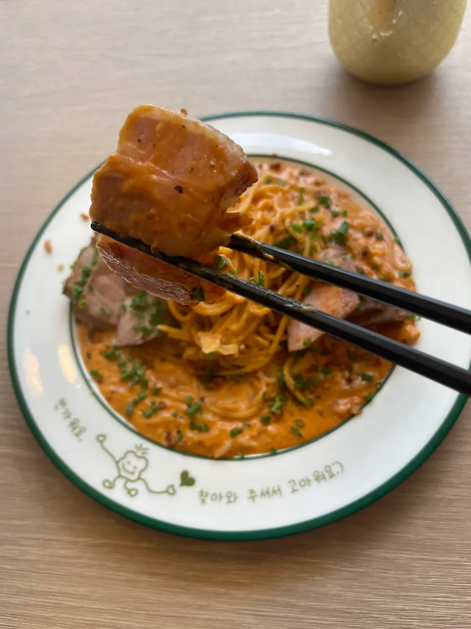 A single bite of the salmon steak gnocchi