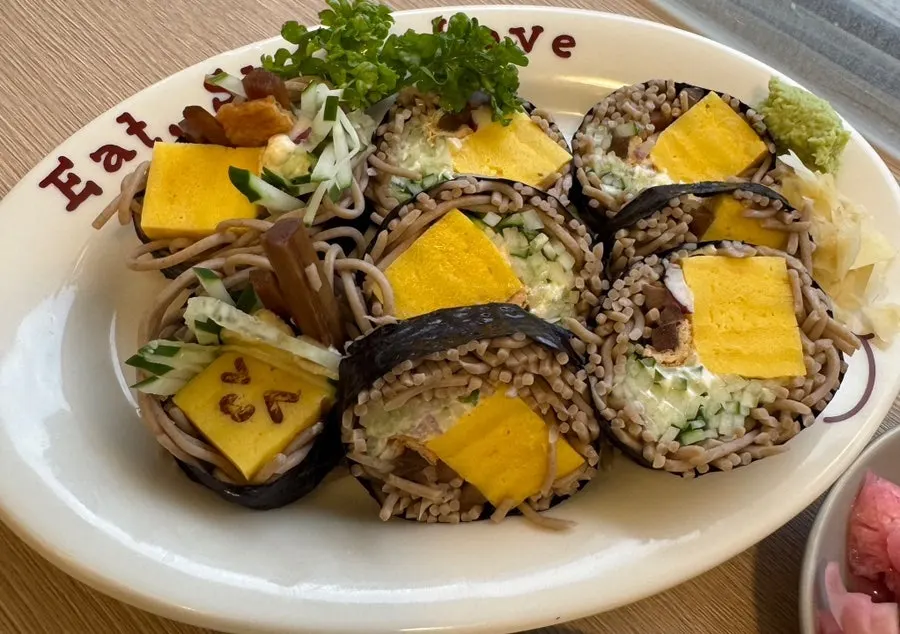 A plate of Omil's buckwheat soba maki