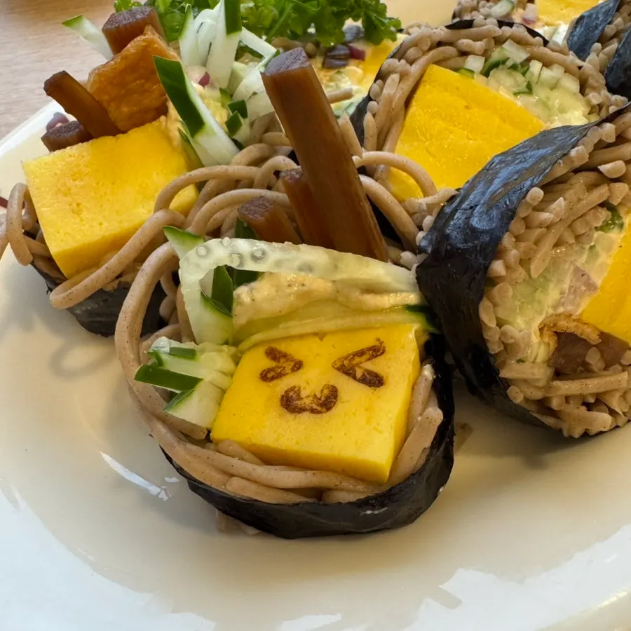 Buckwheat soba maki topped with wasabi