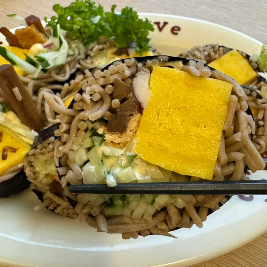 Close-up cross-section of buckwheat soba maki
