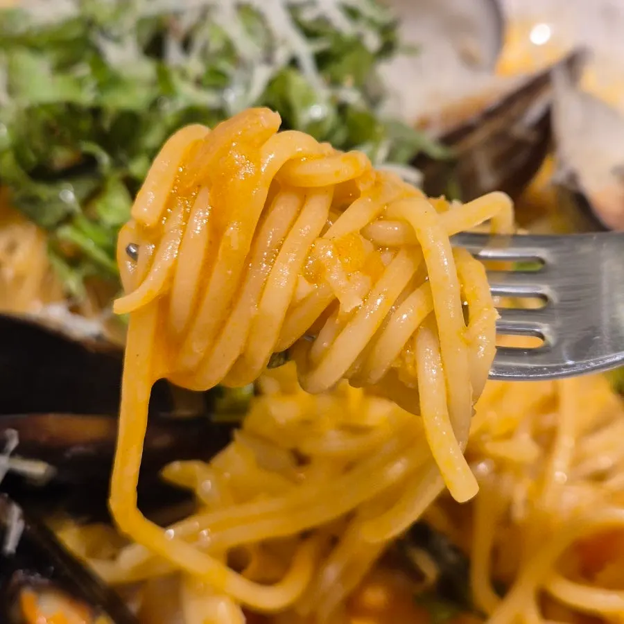 Close-up of the seafood pasta noodles and clams