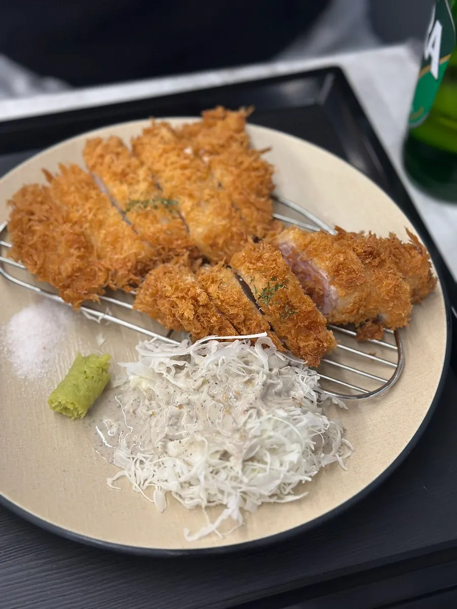 Close-up of Omi Katsu's cheese katsu