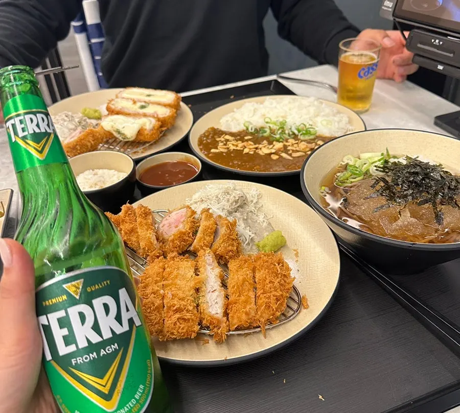 Tonkatsu served with sauce, salt, and wasabi
