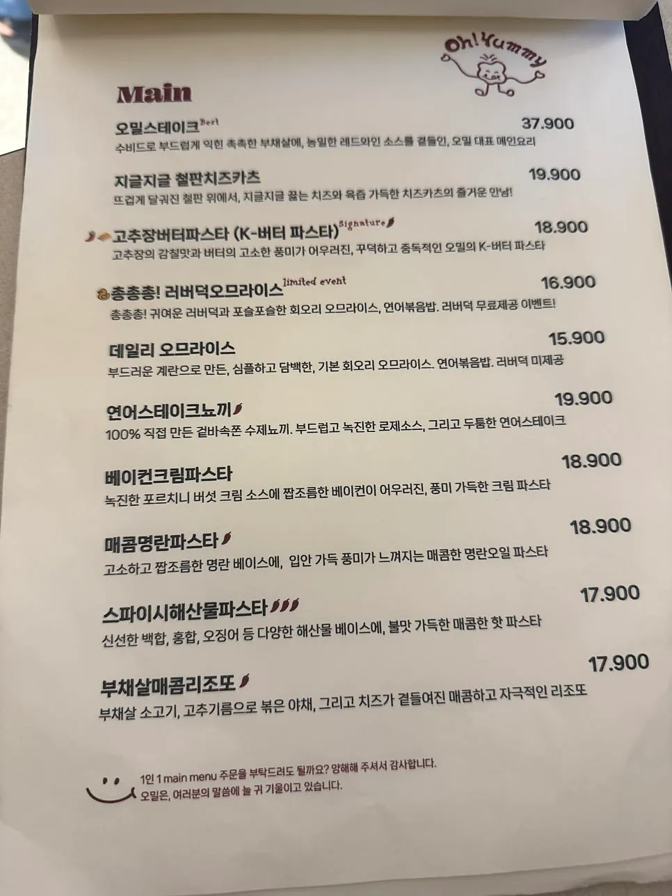 Side dish menu at Omil Hongdae