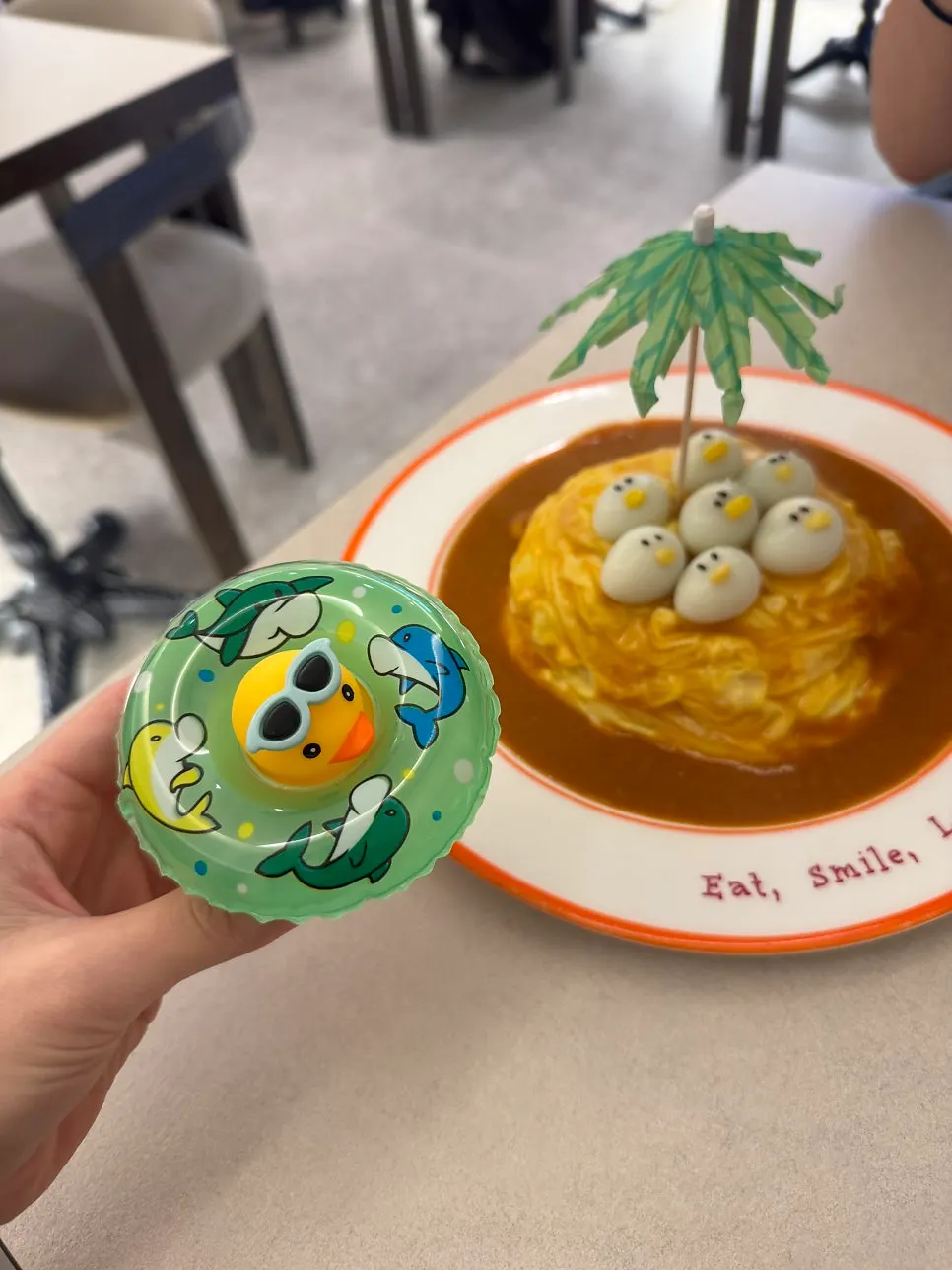 Rubber duck omurice topped with quail egg chicks