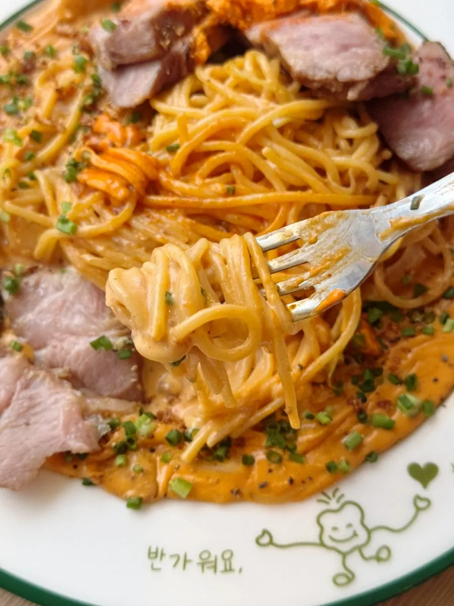 Gochujang butter pasta loaded with thick pieces of meat