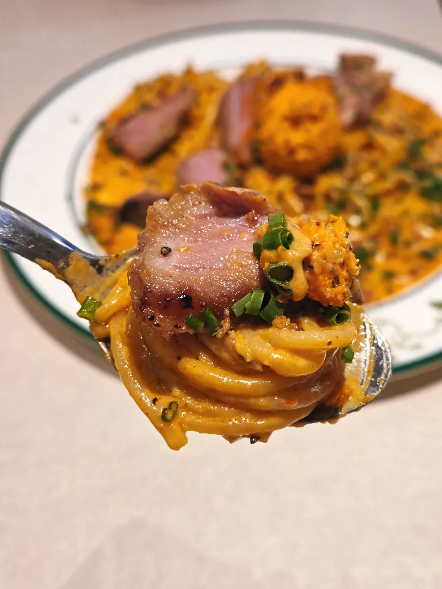 Spicy pasta noodles mixed with gochujang butter