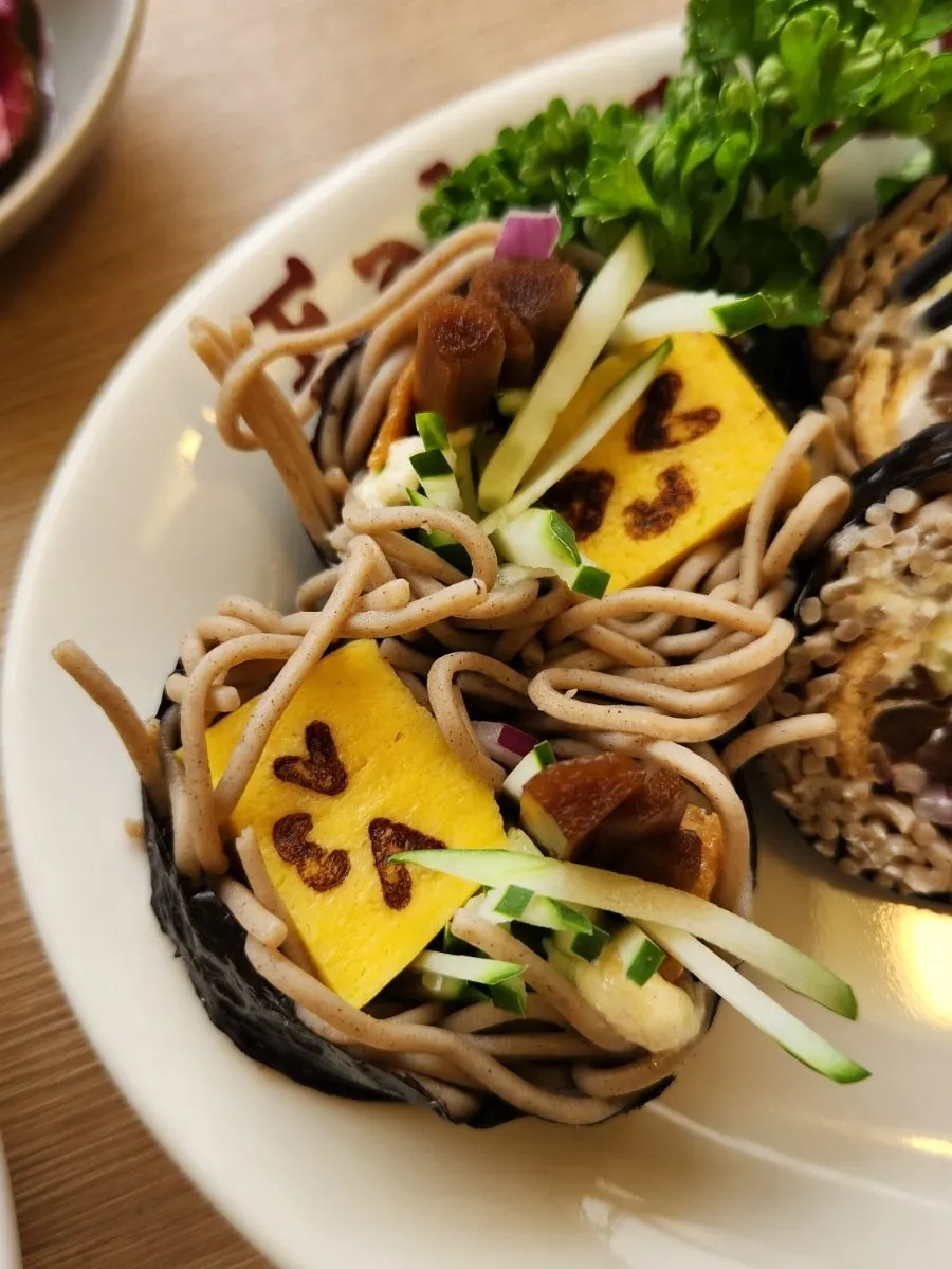A piece of buckwheat soba maki with wasabi