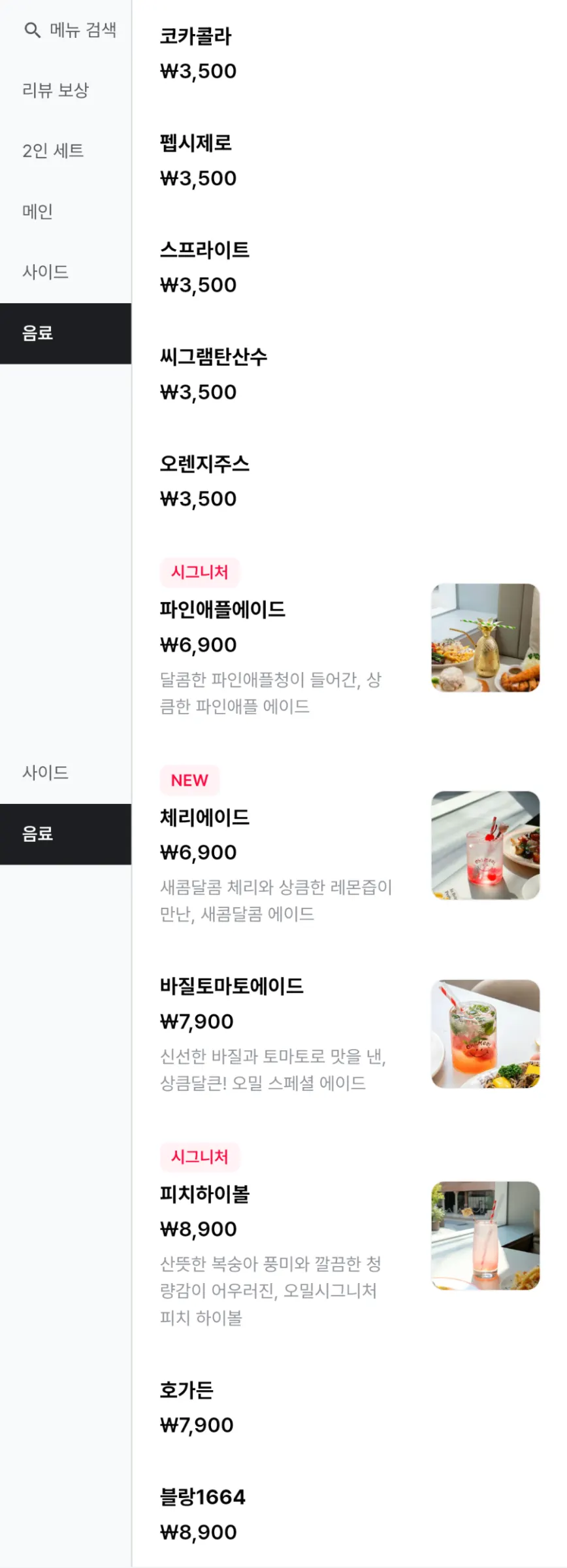 Chart of Omil's various menu items