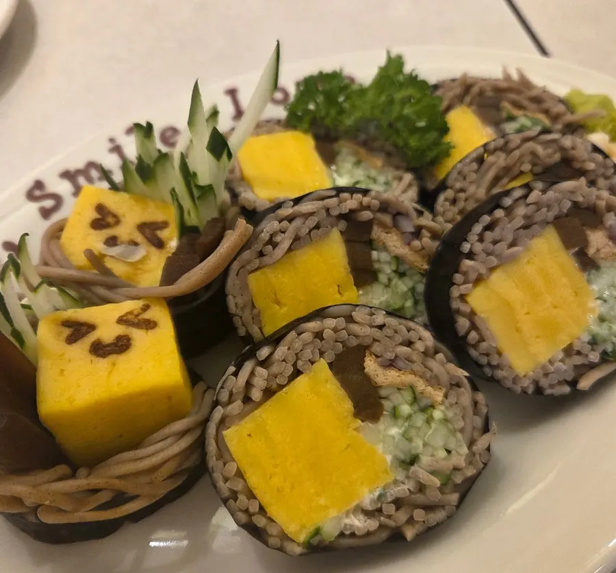 A plate of Omil's soba maki freshly served