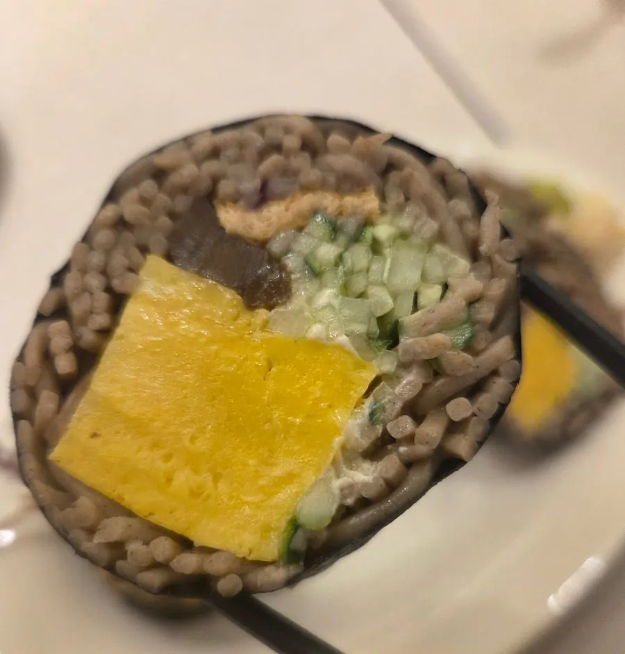 Soba maki cut into bite-sized pieces