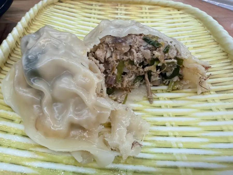 Cross-section of a handmade steamed dumpling filling