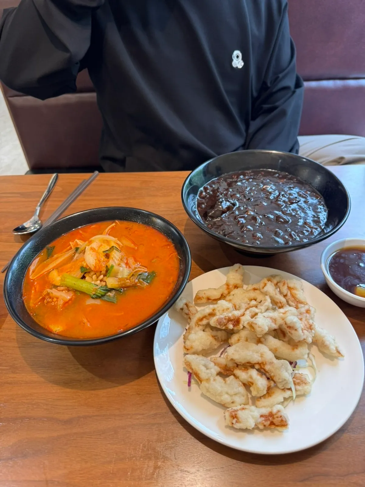 Full spread of jjajangmyeon gopbaegi, jjinsagol seafood jjampong, and mini tangsuyuk