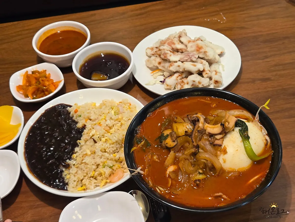 Full spread of cuttlefish jjampong, shrimp fried rice, and mini tangsuyuk