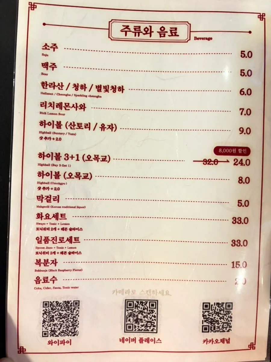 Menu posted on the wall at Omokgyo Gopchang