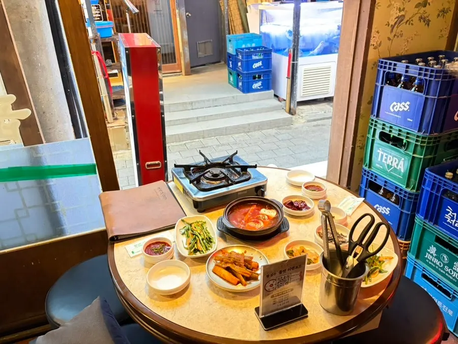 Full spread of basic side dishes at Omokgyo Gopchang