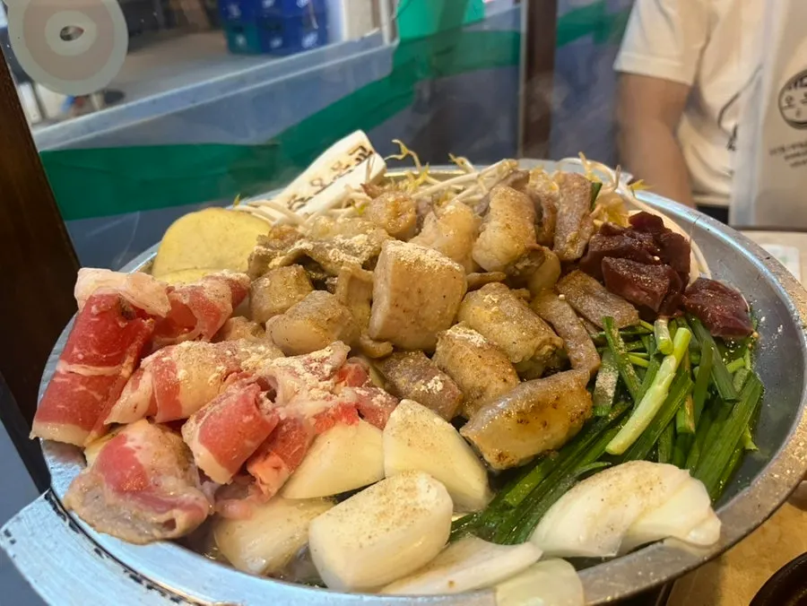 Mixed gopchang placed on the grill