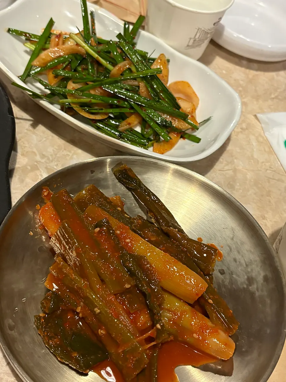Plate of homemade green onion kimchi