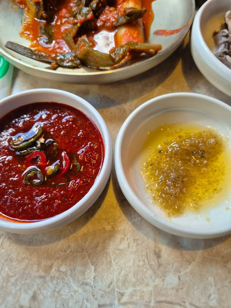Basic side dish spread for grilled gopchang