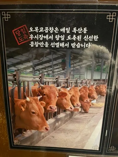 Introduction sign about Omokgyo Gopchang on the wall