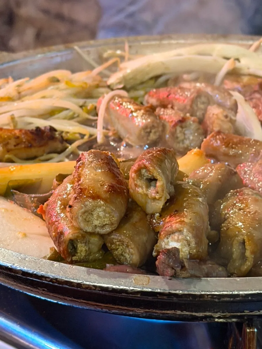 Close-up of plump beef gopchang packed with fat