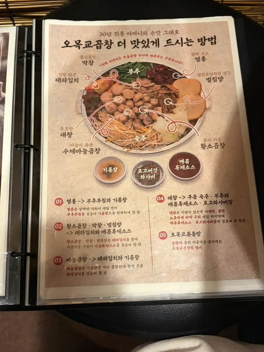 부위별 소스를 안내하는 오목교곱창 가이드