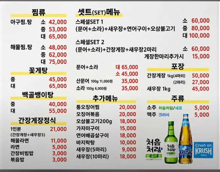 Menu board listing haemuljjim and set menus