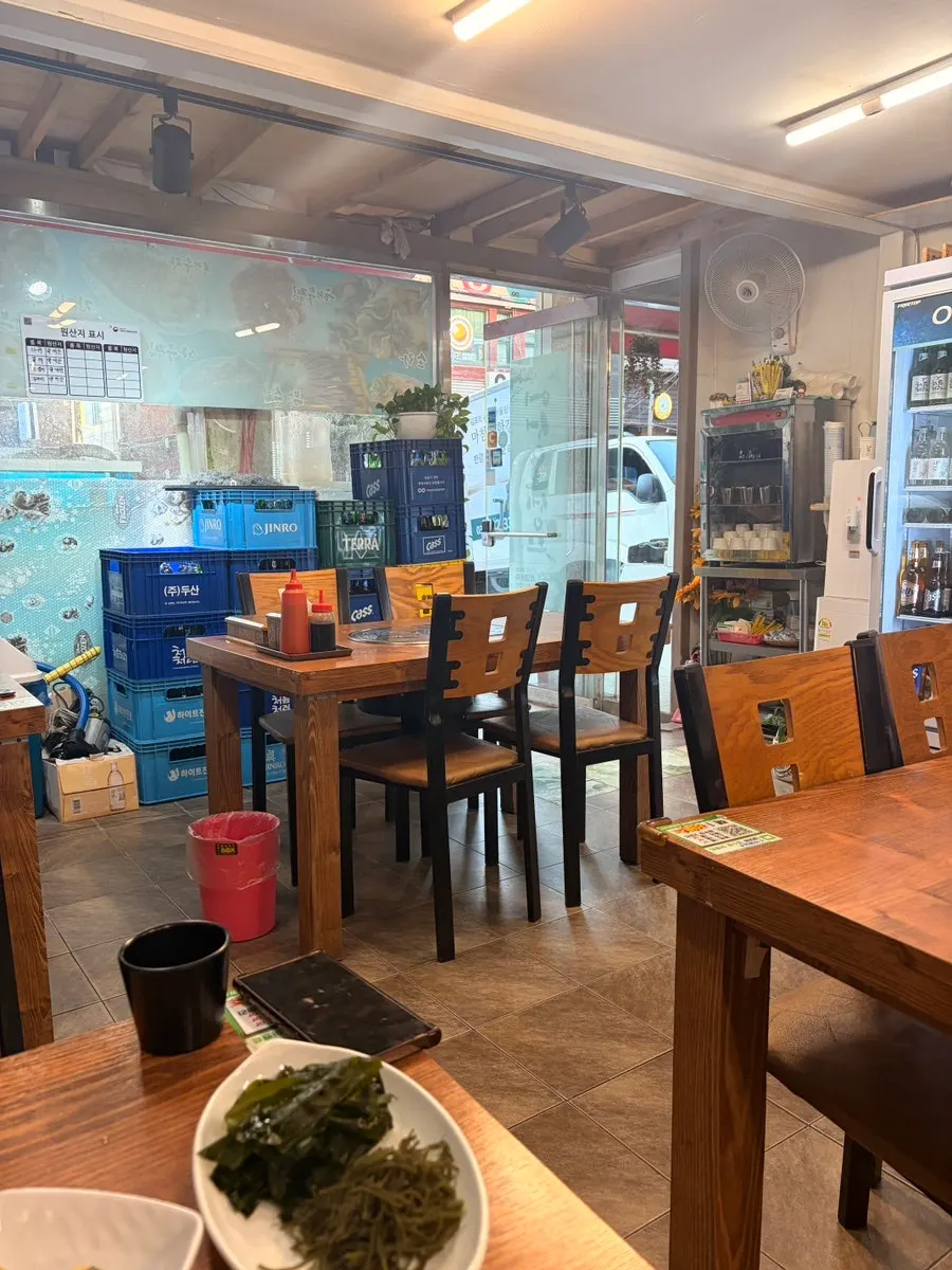 Interior seating with wooden tables