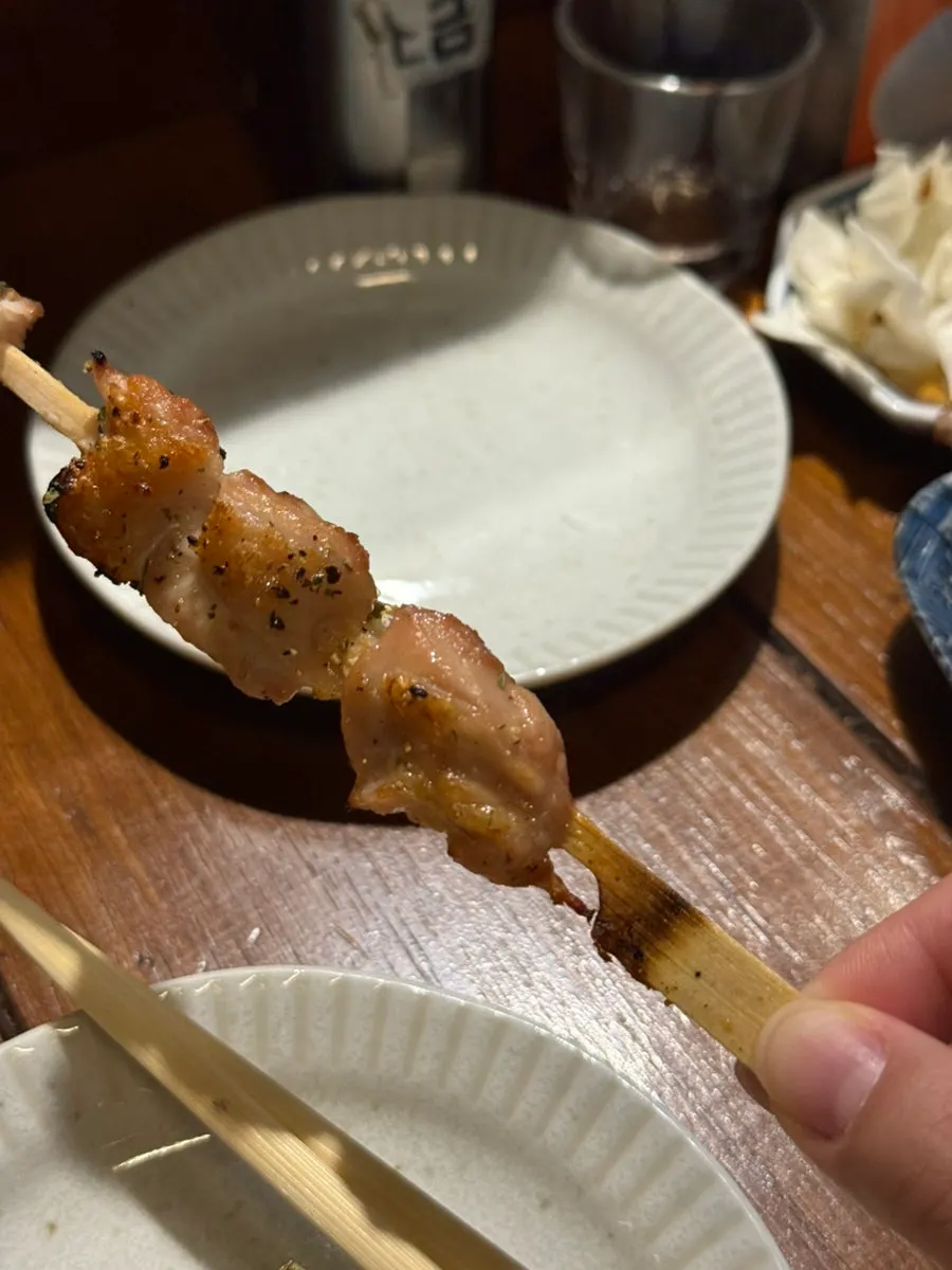 Open-flame charcoal-grilled chicken skewers