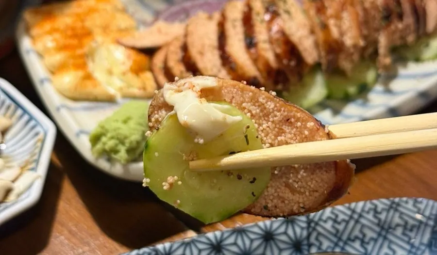 Grilled mentaiko served with cucumber