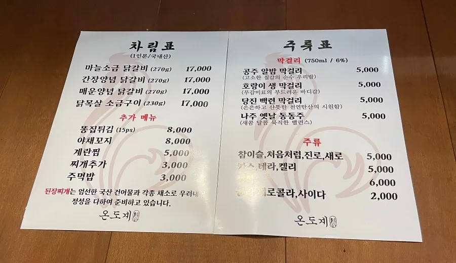 Ondogye chicken galbi menu board